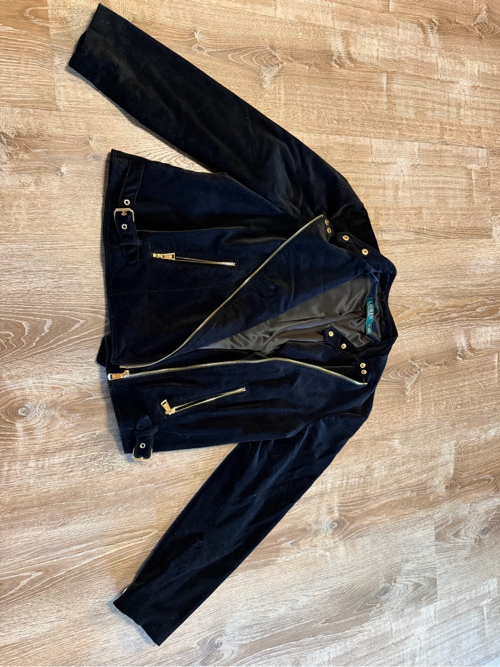 Lauren Ralph Lauren Black Moto Jacket Gold Zipper Hardware Fitted Biker 14W